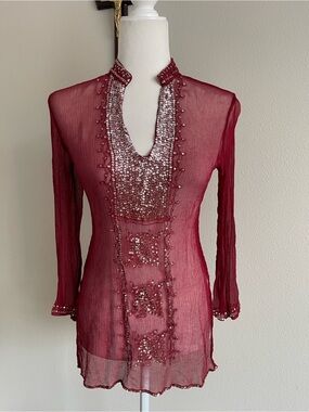 Tracy M Burgundy Sheer Sequined Tunic